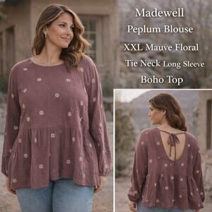 Madewell Peplum Blouse XXL Mauve Floral Tie Neck Long Sleeve Boho Top